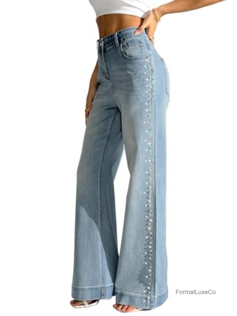 Pearl Rhinestone Sequin High Waist Wide Leg Baggy Jeans Stretch Party Trouser